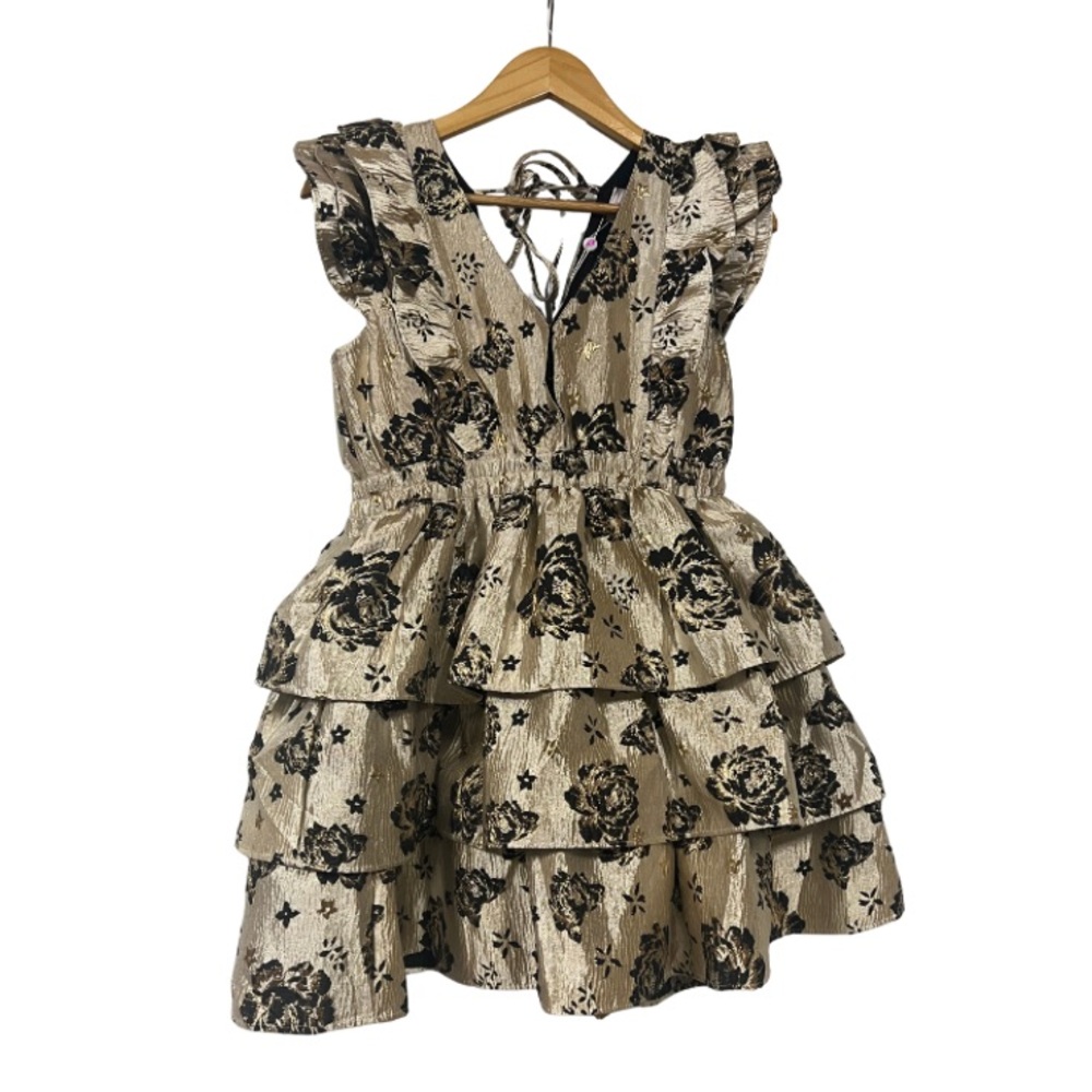 Buddy Love Tan and Black Shimmer Floral Ruffle Dress